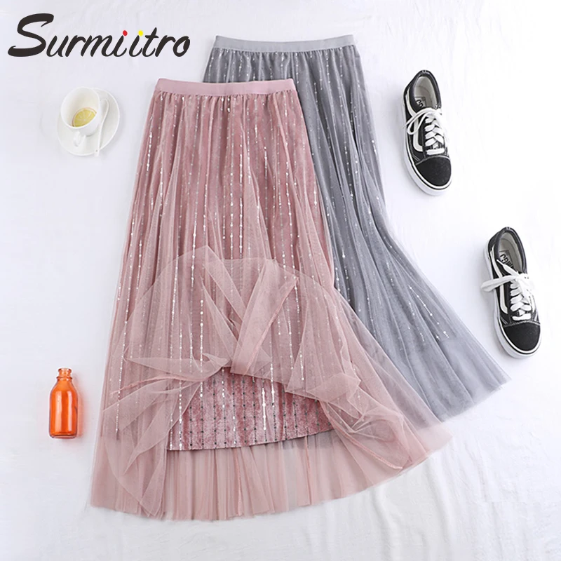 женская длинная юбка с бархатом и сеткой SURMIITRO плиссированная из тюля черного