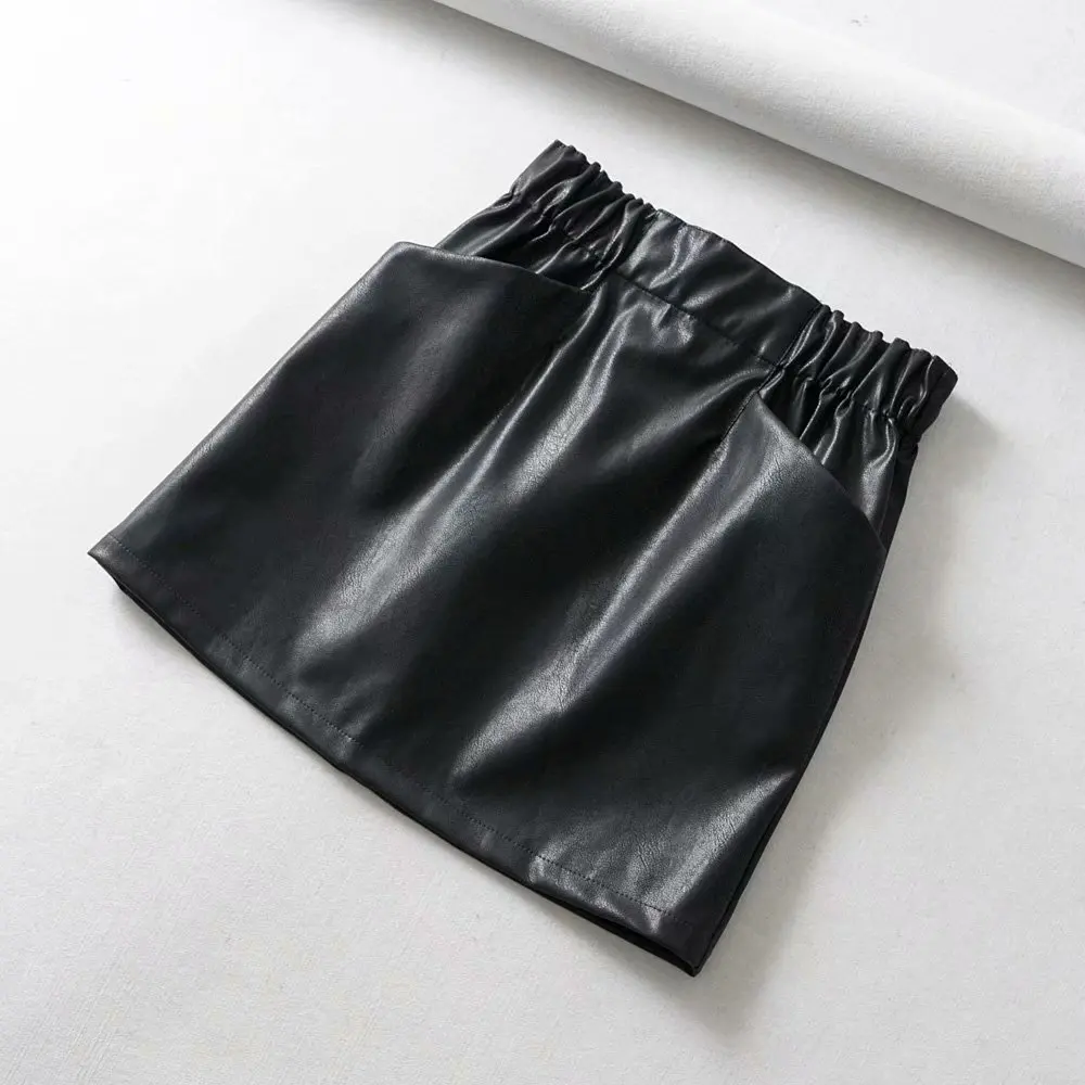 

Yuuyiwa Women's double pocket elastic waist PU Faux leather skirt A-Line Above Knee Mini Women Skirts Jupe Femme Faldas Mujer