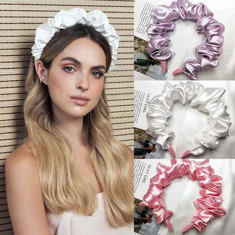 

Solid Color Slik Padded Pleated Hairband for Women Fashion Scrunchy Headband Retro Hair Loop Female Hair Accessories