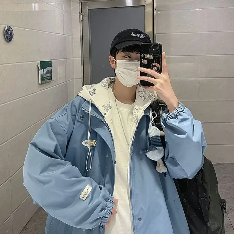 

Fake two jacket men women spring hip-hop loose casual handsome jacket Korean trend all-match high street hooded student coats