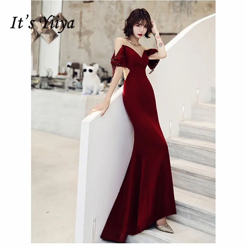 Это Yiiya вечернее платье 2019 бордового цвета с короткими рукавами украшенные