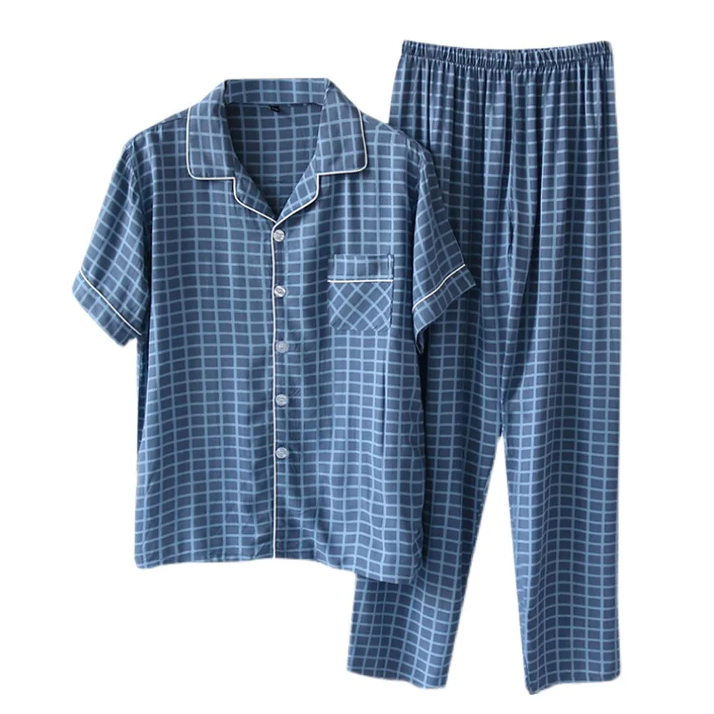 Plus Size Male Plaid Pajama Sets Summer Short-sleeve Trousers Cotton Casual Home Service Two-piece Suit Comfortable Sleepwear