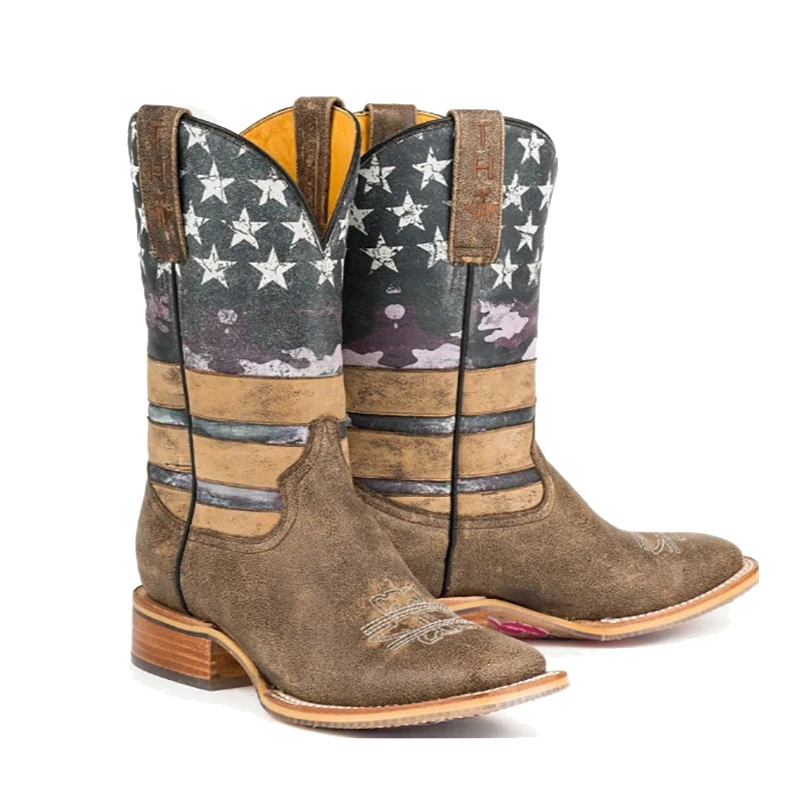 

2021 Autumn Winter New Fashion Women's Shoes PU Leather Printing Square Toe Warm Set Foot Middle Calf Retro Knight Cowboy Boots