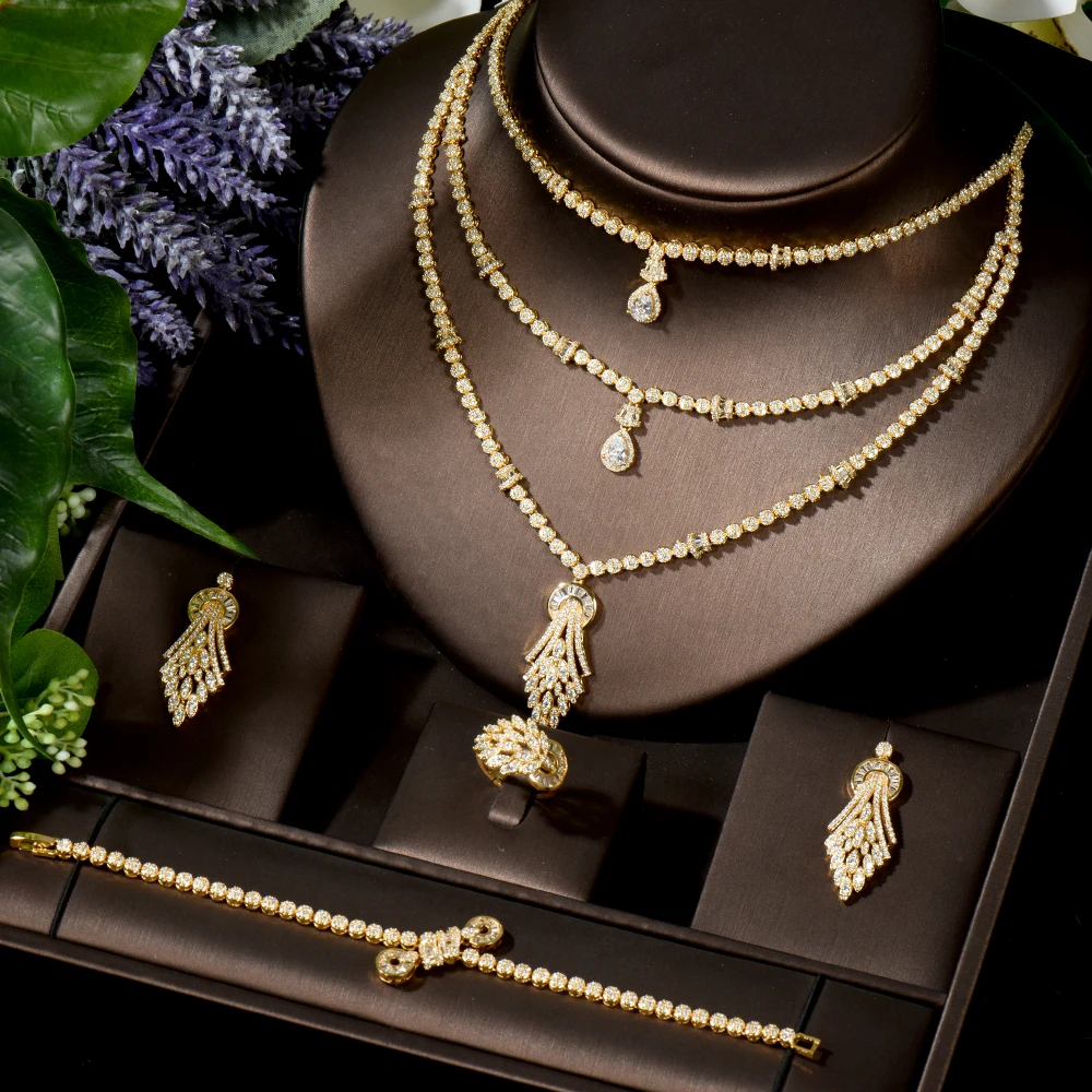 HIBRIDE модные серьги золотого цвета в форме листа роскошное 3-слойное ожерелье дубай ювелирные наборы цепочек свадебные ювелирные изделия N-1541