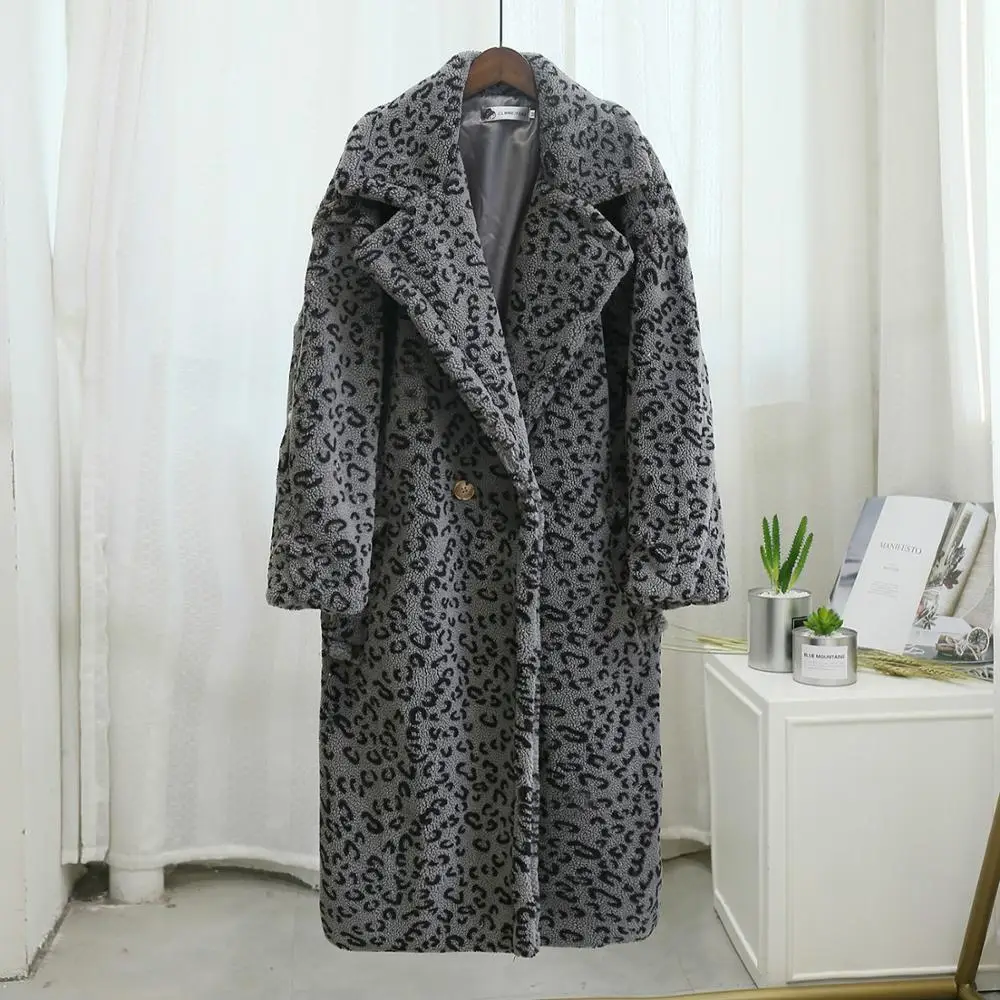 

Faux Fur Coat Women Winter High Quality Elegant Cashmere Oversize Leopard X-Long Teddy Coat Plush Thicken Warm Overcoat Female
