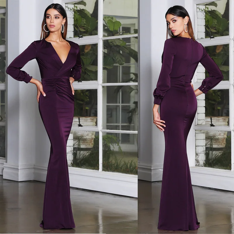

New Style Ladies Long Skirt Waist Evening Dress Deep V-neck Dinner Party Sexy Dress Party Dress 2022 New Year Dress