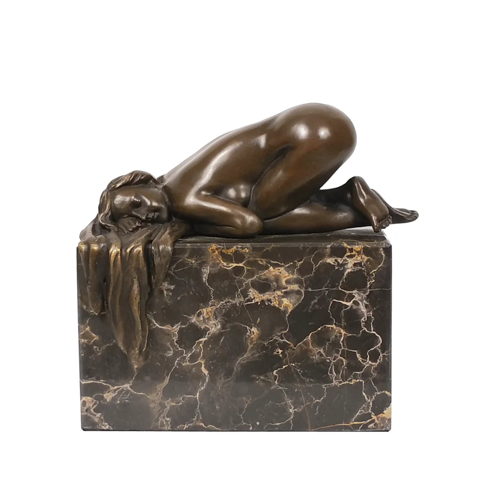 Sleeping Nude Girl Statue Woman Sculpture Hot Cast Bronze Marble Base Naked Female Art
