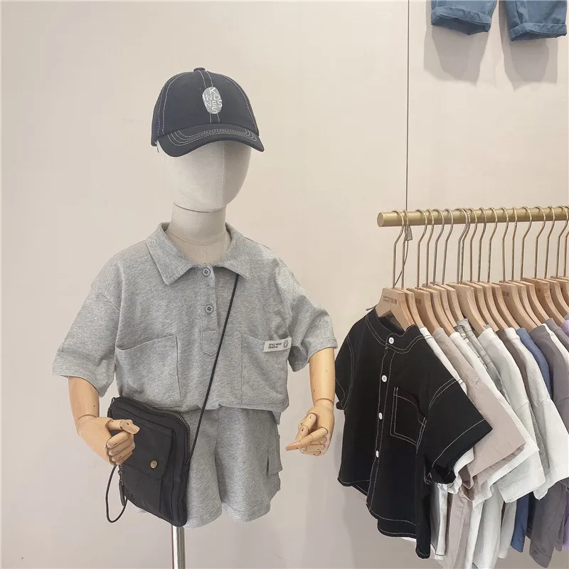 

MILANCEL 2021 Summer New Boys Set Korean Solid O-Neck Short Sleeve Shirt And Short Pants 2Pcs Suit