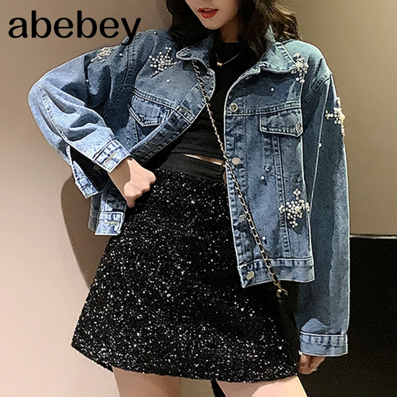 Pearl Beading Crop Short Denim Jackets Women White Wash Long Sleeve Vintage Casual Jean Jacket Bomber Coat Female Basic Ou |