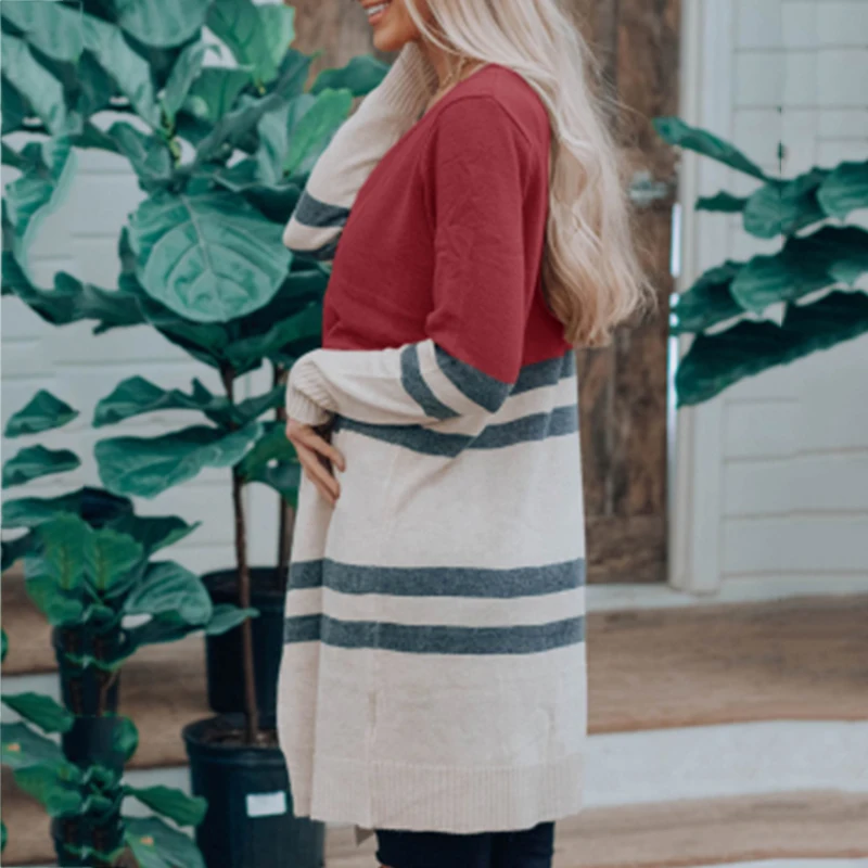 Женский длинный кардиган в полоску Umeko Осенний Вязаный Кардиган с длинным