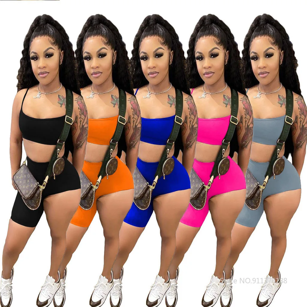 

Ajoc Casual Women Biker Short Set Spaghetti Strap Crop Top + Irregular Short Pants Tracksuit 2021 Summer New Women Clothes