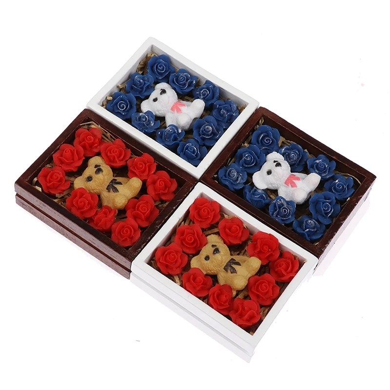 

1 шт. миниатюрная имитация розы и медведя для кукольного домика, Подарочная коробка, модель для украшения атмосферы, аксессуары для кукол