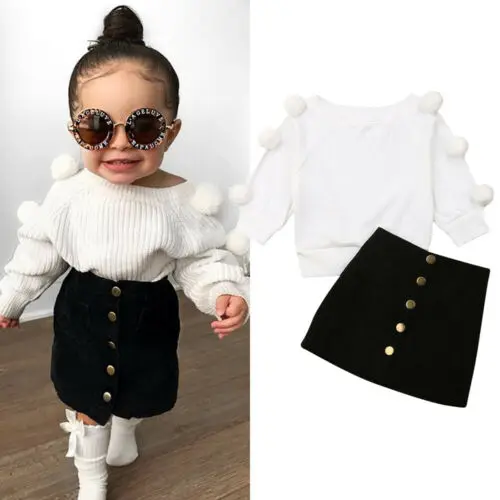 Conjuntos de ropa de oto&ntilde;o para beb&eacute;s y ni&ntilde;as, Tops de punto con Bola de Pelo de manga larga, su&eacute;ter + bot&oacute;n, minifalda, conjuntos c&aacute;lidos de 1 a 6 a&ntilde;os-0