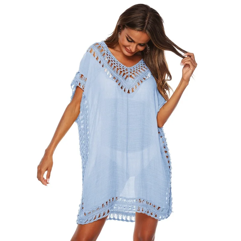 

Bat Wing Sleeve Translucent Dress Women Summer Beach Sukienka Hollow Baggy Dress Loose Casual V Neck Holiday Dress One Shoulder