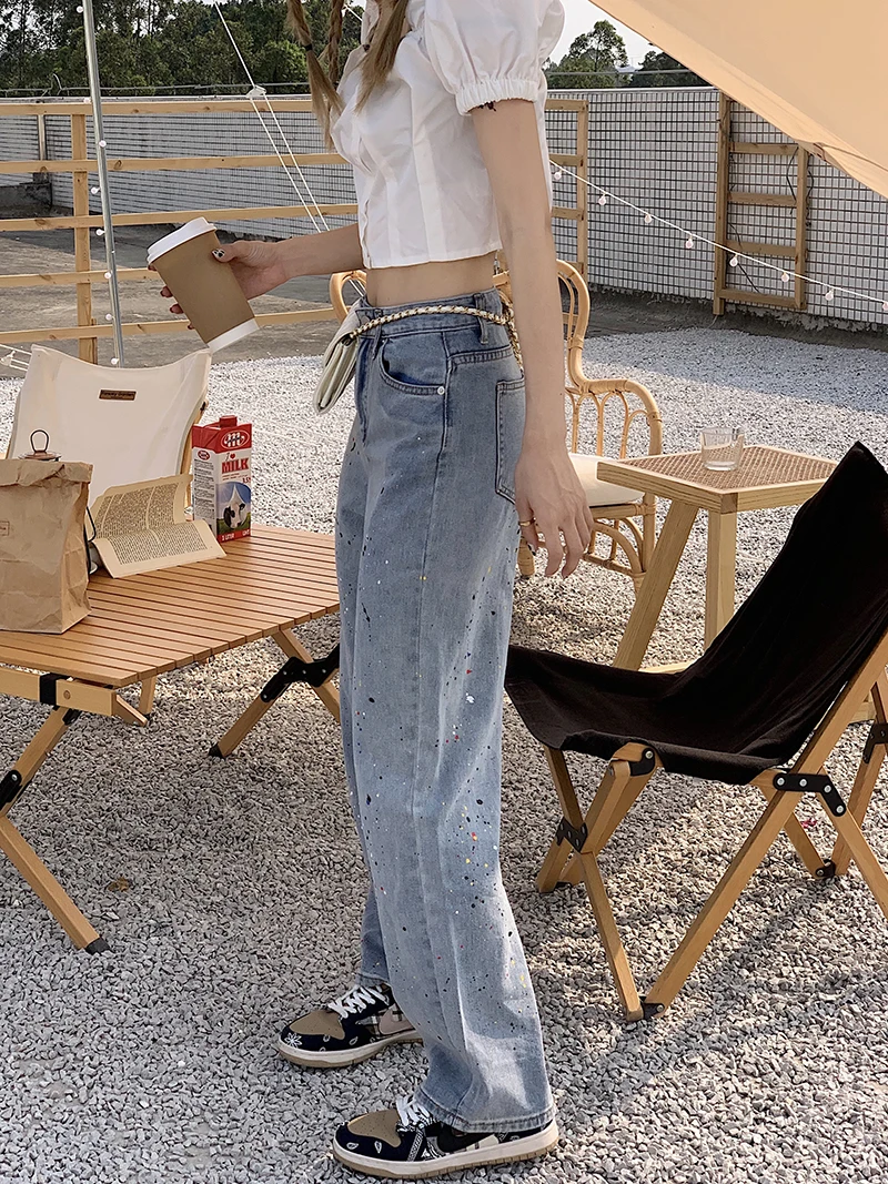 

2021 summer spring women jeans paint splash color dot jeans women's loose and wide leg straight pants