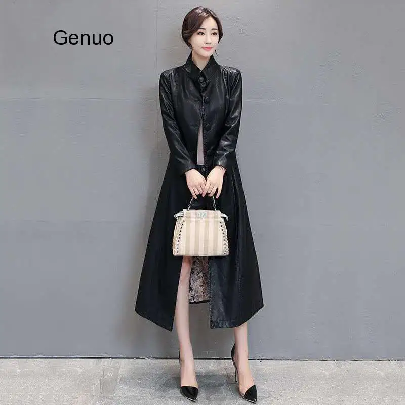 Женская осенне-зимняя кожаная куртка пальто из искусственной кожи с длинным