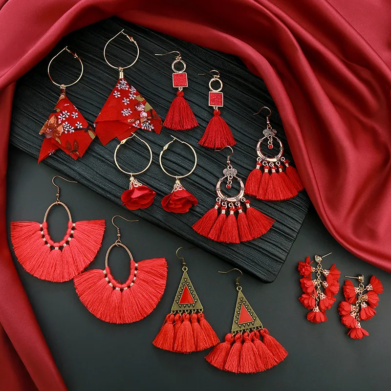 

Wholesale Red Earrings Chinese Style Tassel Bohemian Ethnic For New Year