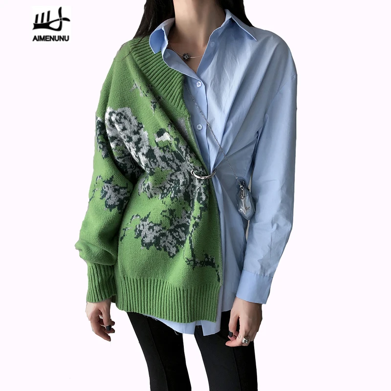 AIMENUNU Лоскутные популярные цветные рубашки с косичками женские воротником