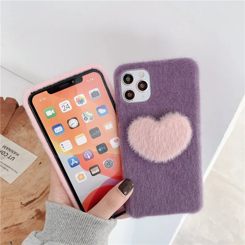 

Winter Horsehair Heart Female Phone Cover Case For Iphone X 11 12 Pro Xs Max Mini Xr 10 8 7 Plus Se 2 Luxury Soft Coque Fundas