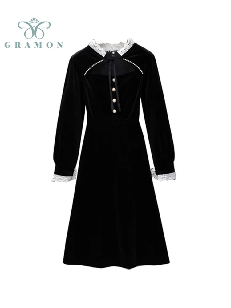 

Pleuche Dresses For Women 2021 Fall Winter New French Elegant Long Sleeve Lace Spliced Hepburn Style Party Dress Vestidos Longo