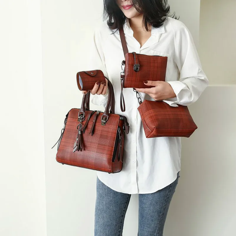 4 комплекта сумки через плечо для женщин 2020 Ретро клетчатая роскошная сумка из