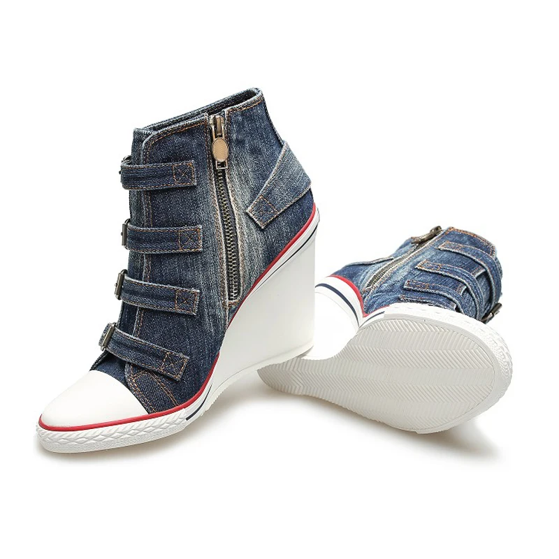 Женские высокие джинсовые туфли в европейском стиле холщовые кроссовки на