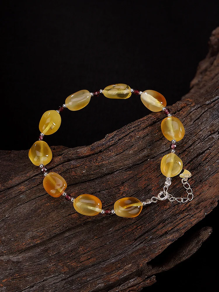 

Trendy fashion S925 sterling silver natural beeswax amber turquoise garnet retro bracelet women's customized exquisite gift