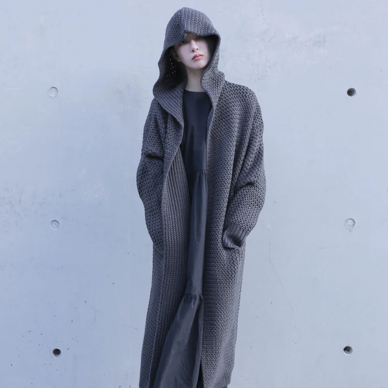 2019 Winter Women Poncho Long Sleeve Oversize Knitted Thick Dark Gray Cardigans Coat Hooded Sweater Jumper Cape |