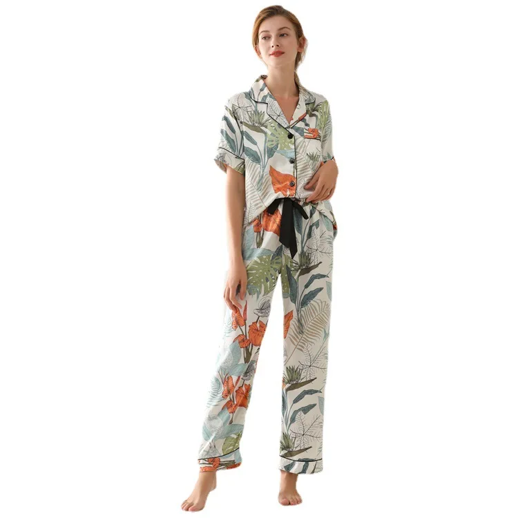 Spring Autumn New Women's Pajamas Sets Short Sleeve Trousers Nightwear Loose Home Suit Sleepwear Lingerie Set Nightgown