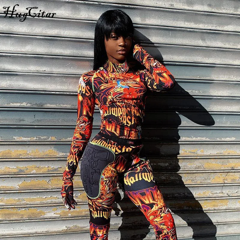 Женский укороченный топ Hugcitar с длинным рукавом принтом огня перчатками Осень