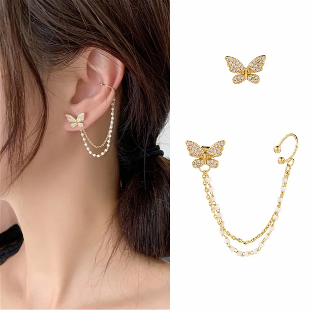 Жемчужная цепочка в виде бабочки стильная серьга-клипса для ушей длинные
