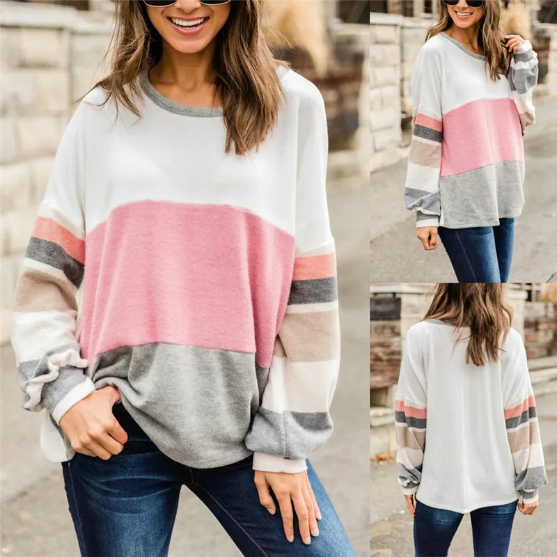 

2021 Winter Korean Sexy Women T-shirts Fashion O-Neck Splice Sweatshirts Autumn Casual Loose Long Sleeve Top Sweatshirts Female