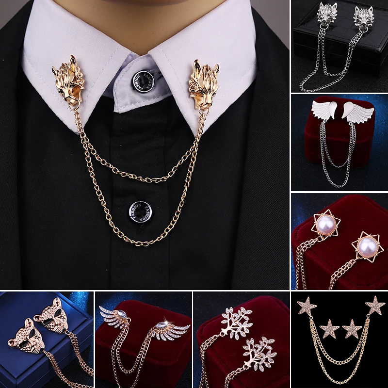 

New Men Women Suit Shirt Chain Lapel Pins Vintage Wolf Tiger Animal Cross Collar Brooches Retro Badge Pin Fashion Neckware Gift