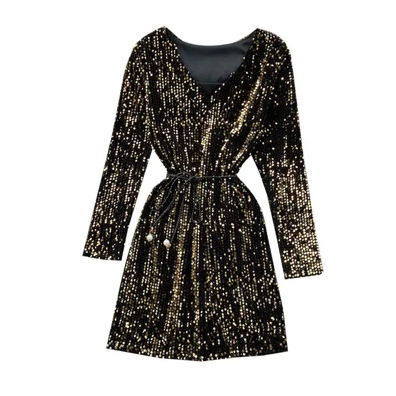 

Spring Autumn Women's Sequin V-neck Dress Long Sleeve Dress New Temperament Slim Sexy Party Dress Bottoming Dress Women's dress