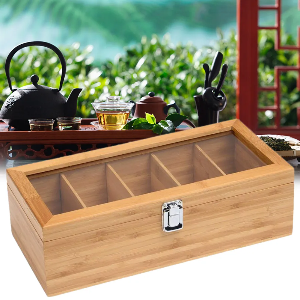 Herbal Tea Box with 5 Compartments Teabags Storage Organizer Wooden Teabox Coffee Tee Bags Stand Holders Container for Infusions | Дом и сад