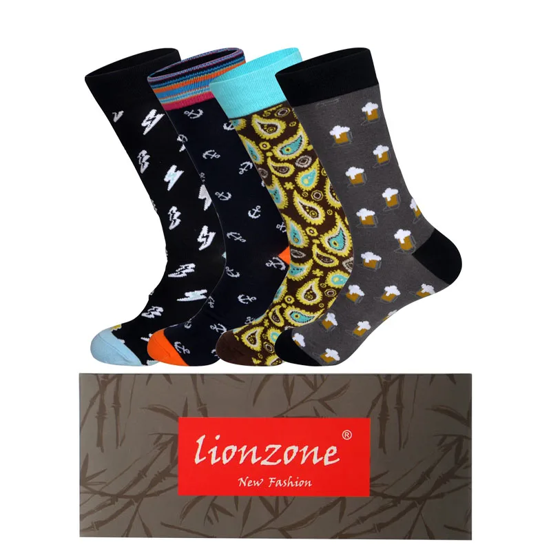LIONZONE, 4 пар/лот, весна, Новое поступление, носки для мужчин, художественный стиль, уличная мода, хип-хоп дизайн, счастливые носки+ Бесплатный подарок - Цвет: C8-Box