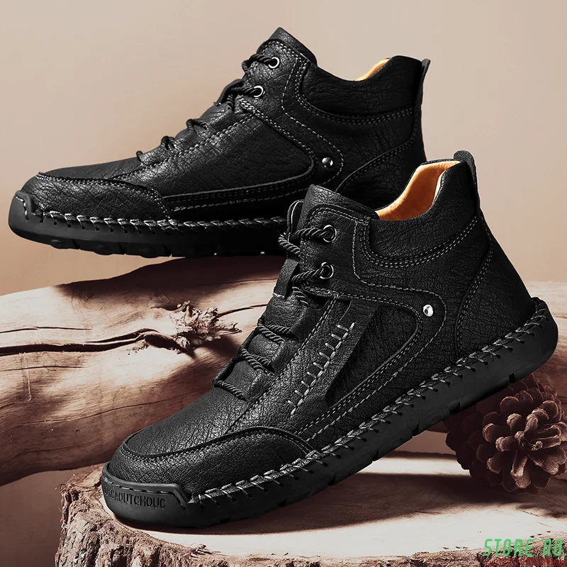 

Men's Leather Boots Casual Outdoor Street High-top Male Shoes Vintage Winter Warm Footwear Large Size 38-48