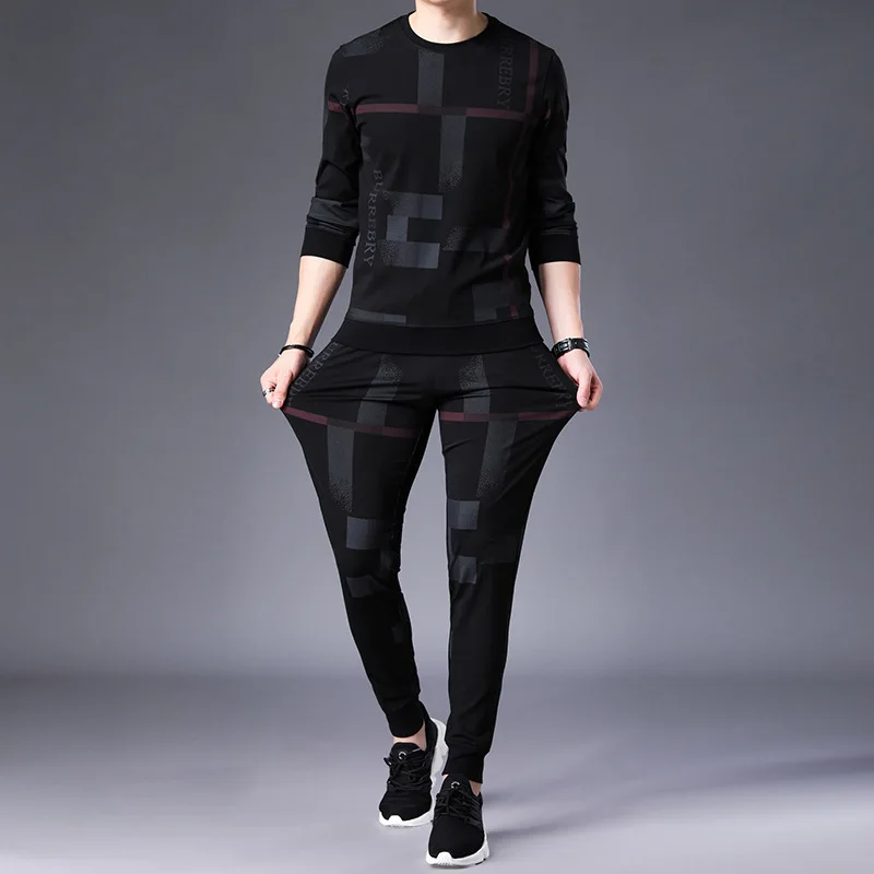 

Повседневная мужская спортивная одежда с круглым вырезом, 21 осень, модные брюки с длинным рукавом и принтом для молодых мужчин, полный компл...