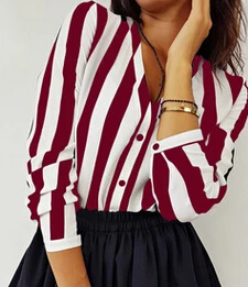 2019 Модные полосатые женские свободные рубашки с длинным рукавом и V образным