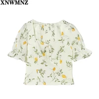 xnwmnz vintage fruit orange print shirt beige retro elastic ruched back square collar short sleeve short blouse tank top tops