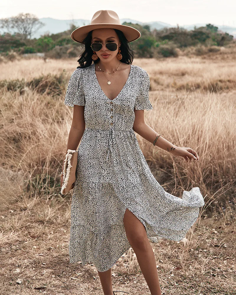 

2021 Summer Bohemian holiday dress V-neck Short sleeve cotton Floral print dress Button lace up Elegant office lady dress women