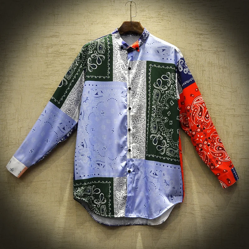 Рубашка мужская с длинным рукавом повседневная в стиле хип-хоп пэчворк принтом