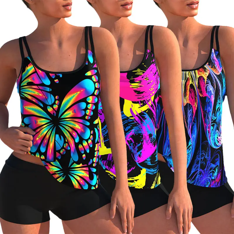 

Женский Большой танкини 2022, набор абстрактного искусства/бабочки/неоновые цвета радуги, окрашенный принт, два предмета, полный купальник, б...