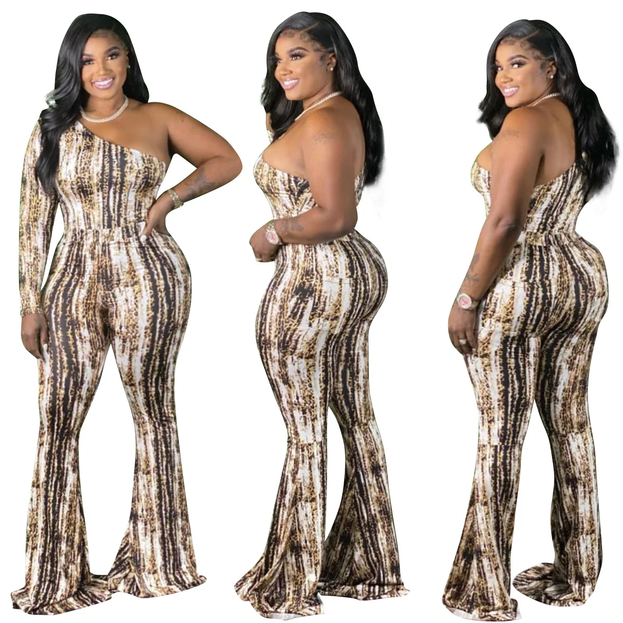 

2021 Summer XL-4XL One Piece Jumpsuit For Women Clothing Plus Size One Shoulder Sexy Printed Skinny Wide Leg Romper Suits