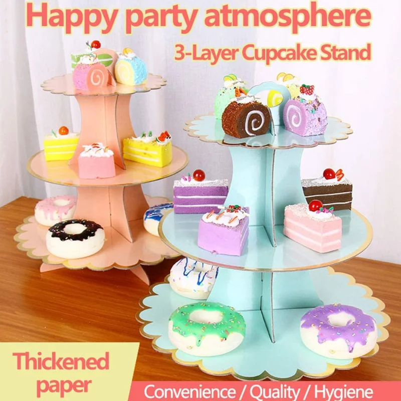 3-Tier Cardboard Cupcake Stand Cake Plate Disposable Multilayered Paper Cake Rack  Food Display Stand for Fruit Dessert Snack