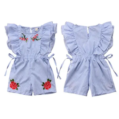 

Newborn Kids Baby Girl Flower Striped Ruffle Romper Embroidery Flower Summer Cute Blue Lace-up Jumpsuit Clothes