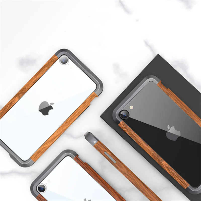 Чехол для Телефона iPhone SE 2020 оригинальный R-Just деревянный Бампер металлический