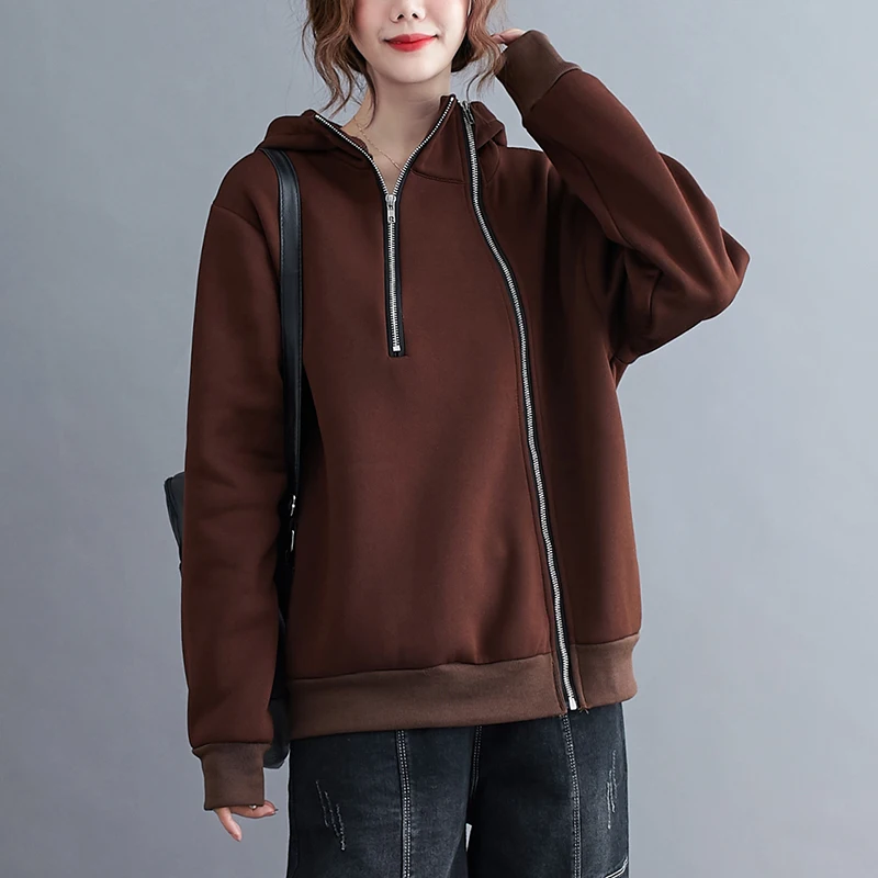 

Plush Padded Hooded Sweatshirt Women's Autumn Winter New Style Zipper Long-sleeved Loose Hedging Literary Simple Commuter Top