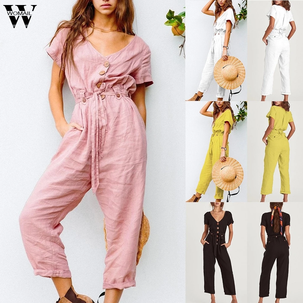 Женский комбинезон с короткими рукавами однобортный на пуговицах черный длинный