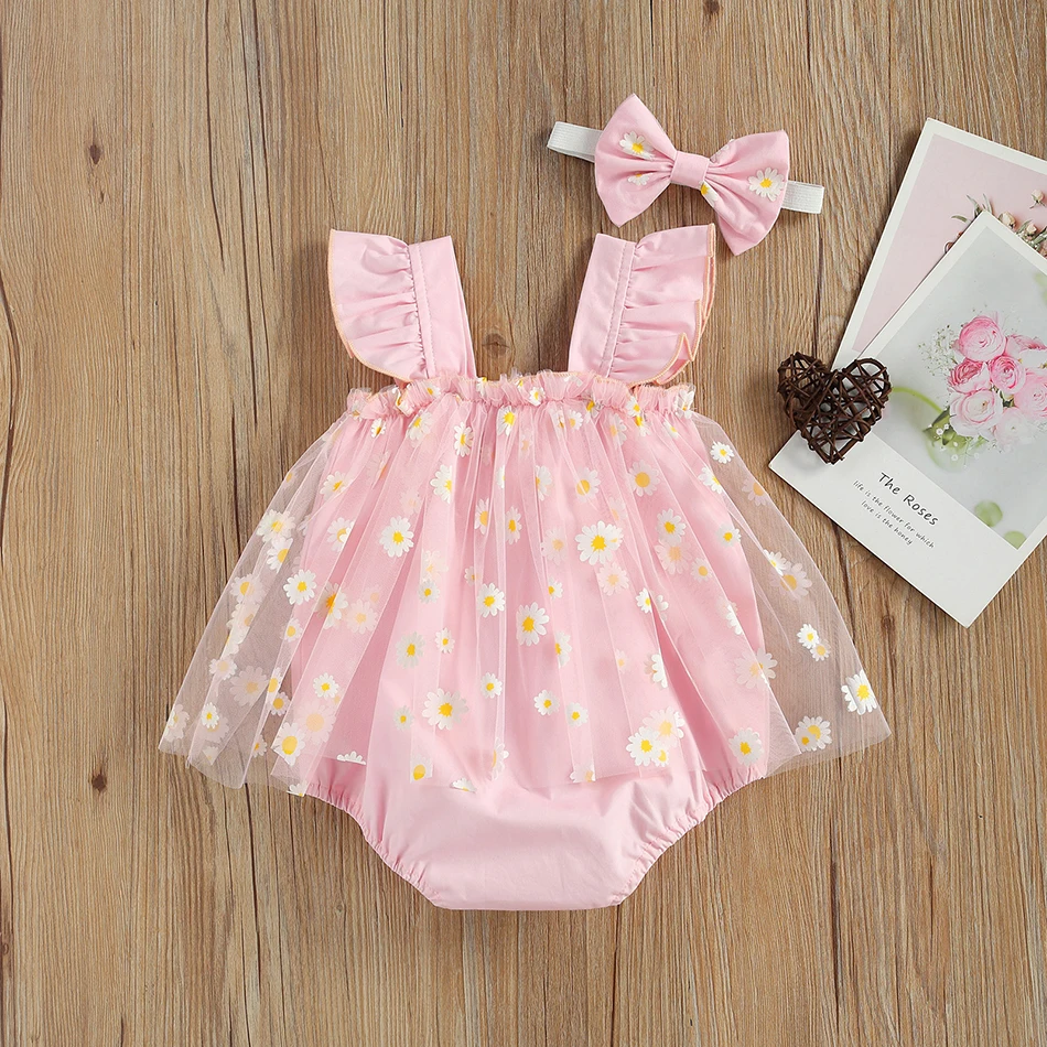 

Cute Toddler Baby Girl Floral Romper Dress Ruffles Sleeveless Tulle Tutu Jumpsuit Bow Headband Summer Baby Girl Set 0-18Months